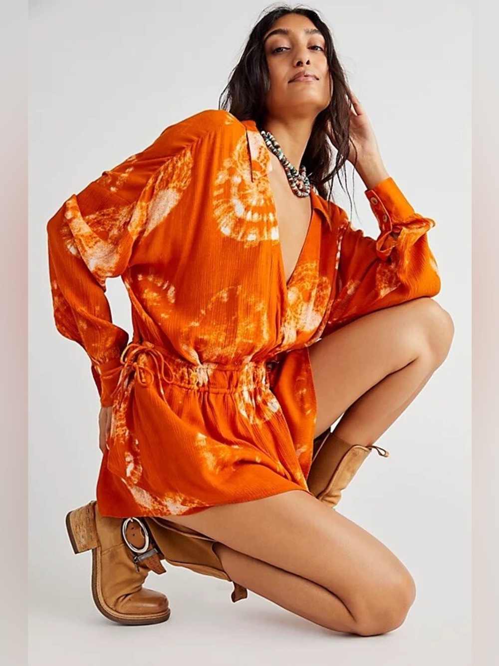 Free People Marla Shortall Orange Tie-Dye Long Sleeve Romper